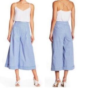 English factory Blue Gingham high waist pleated Wide-Leg Pants culotte crop
